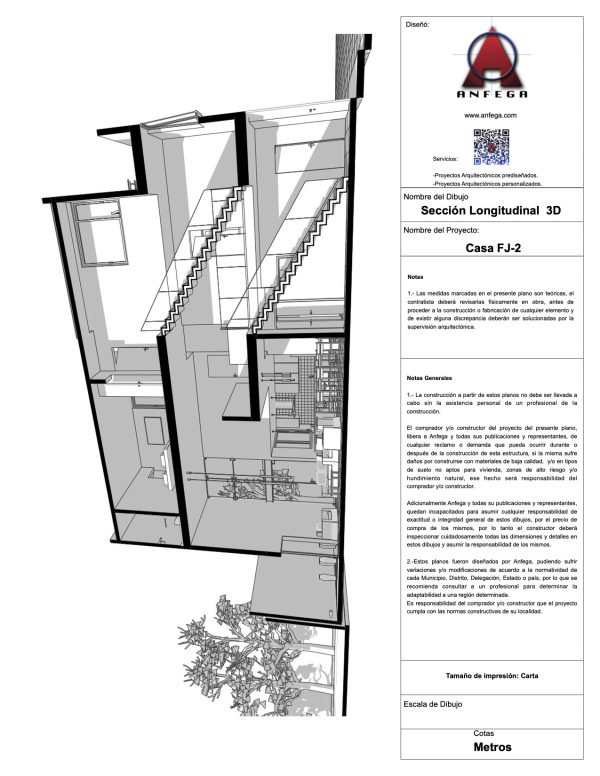 Sección Longitudinal 3D - Casa FJ-2